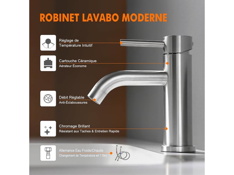 Robinet de lavabo moderne, mitigeur monocommande en acier inoxydable, valve céramique silencieuse, eau chaude et froide, finition grise, deux flexible QA000109 - Conforama B