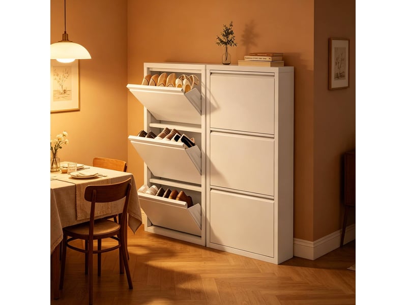  Meuble à chaussures ulevr lot de 2, 3 abattants magnétiques, métal blanc, 50 x 15 x 106 cm par meuble  - Conforama D
