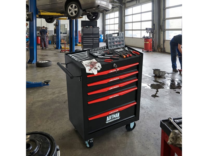  Caisson à roulettes avec 5 tiroirs, serrure et 4 roulettes freinées pour garage, noir et rouge, 60 × 33 × 77,5 cm  - Conforama D