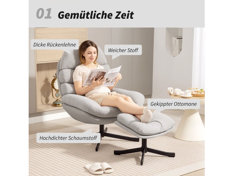  Fauteuil relax pivotant avec pouf, dossier haut et assise large, style moderne en tissu chenille crème  - Conforama E