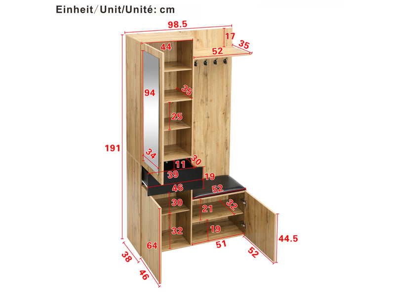  Vestiaire d'entrée avec miroir banc et meuble à chaussures mdf noir et naturel  - Conforama C
