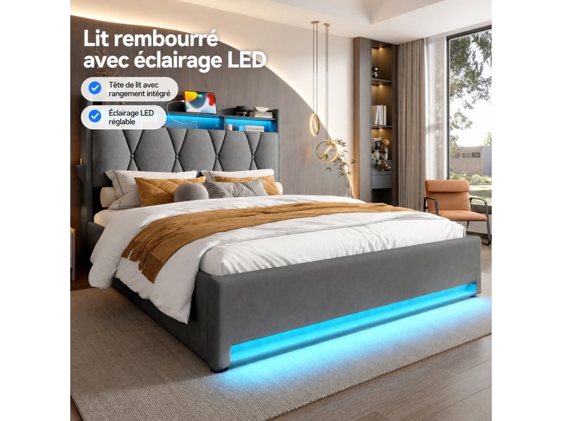  Lit coffre 160 x 200 cm en velours gris foncé, tête de lit avec rangements, led, usb et usb-c, sans matelas  - Conforama D