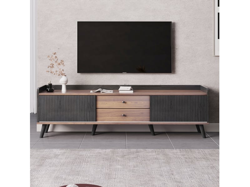  Meuble tv 160 x 40 x 58 cm, 2 portes coulissantes, 2 tiroirs, noir et bois  - Conforama E