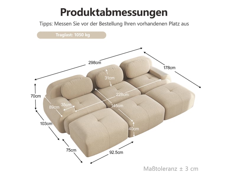  Canapé modulaire 3 places avec 3 poufs en velours côtelé beige  - Conforama E