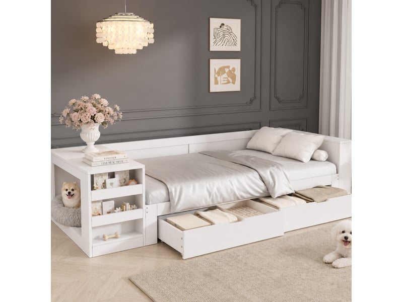  Lit avec rangement 90x200 cm avec tiroirs et rangements, en bois, blanc, sans matelas  - Conforama B