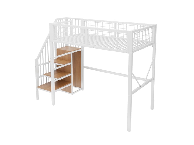 Lit mezzanine en métal 90 x 200 cm - avec échelle - avec éclairage led - avec barrières de sécurité - blanc (matelas non inclus) - Conforama W