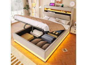 Lit coffre 140x200 cm, lit double, rangement hydraulique, led, usb et usb-c, lin beige