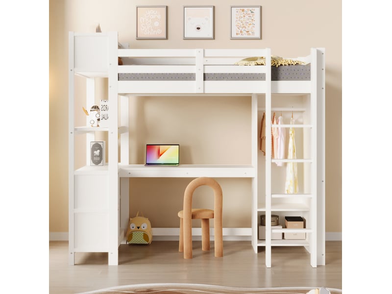  Lit combiné enfant surélevé 90x200 cm avec bureau, rangements et armoire blanc  - Conforama D