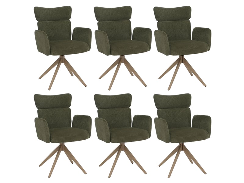  Lot de 6 chaises de salle à manger pivotantes à 180° avec retour automatique et accoudoirs tissu bouclé vert et fer aspect bois 04_0008817  - Conforama A