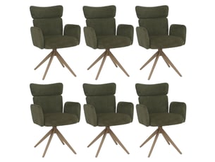 Lot de 6 chaises de salle à manger pivotantes à 180° avec retour automatique et accoudoirs tissu bouclé vert et fer aspect bois 04_0008817