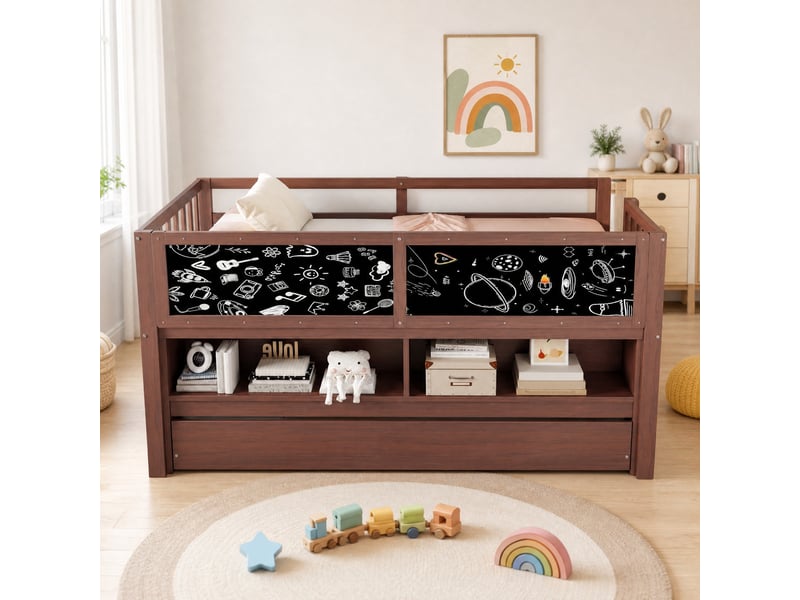 Lit enfant surélevé 90x200 cm avec lit gigogne, tableau et rangements, marron  - Conforama D
