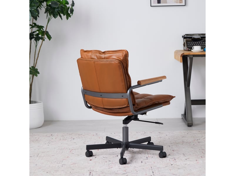  Fauteuil de bureau ergonomique en cuir marron avec accoudoirs en chêne, pivotant et réglable  - Conforama D