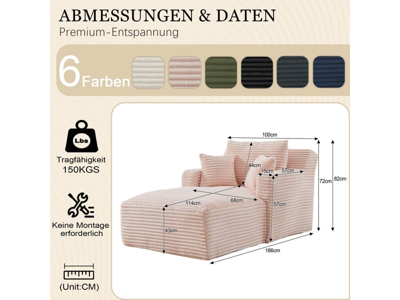  Chaise longue de relaxation moderne - 100x166x82cm - fauteuil de salon en velours côté design sans montage - rose  - Conforama E