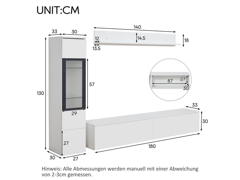  Ensemble meuble tv mural blanc brillant avec led, composition tv 3 pièces, banc 180 cm, vitrine haute, étagère et rangement salon  - Conforama C