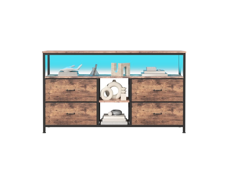  Meuble tv haut 108x29,8x76,8cm avec rangement, motif bois, 4 tiroirs, led, buffet de salon, bois et fer, naturel  - Conforama W