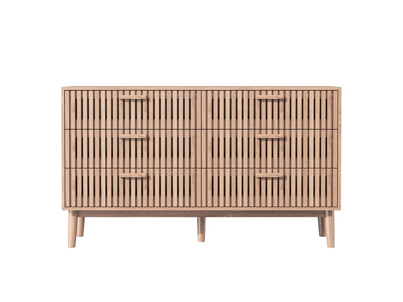 Commode 100x34x73cm - commode de chambre 6 tiroirs à façade cannelée et pieds surélevés - chêne naturel - Conforama B