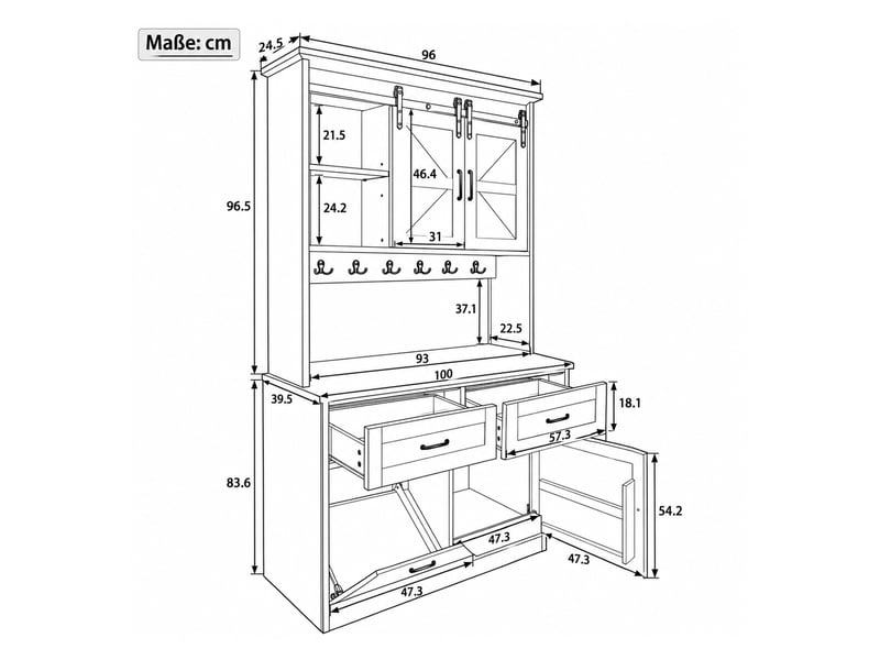 Buffet de cuisine blanc 96 x 40 x 180 cm avec portes coulissantes, 2 tiroirs, étagères ouvertes et plan de travail effet bois foncé, style campagne - Conforama C