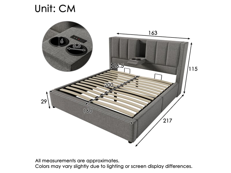  Lit coffre hydraulique 160x200 cm gris avec sommier, tête de lit, usb et porte-gobelets  - Conforama C