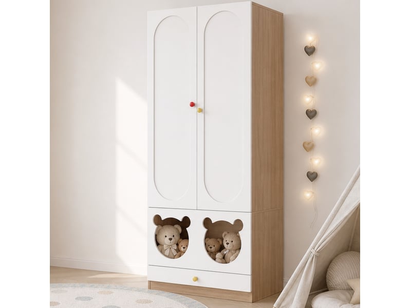 Armoire enfant 2 portes 80 x 50 x 200 cm avec penderie et tiroirs blanc naturel  - Conforama E