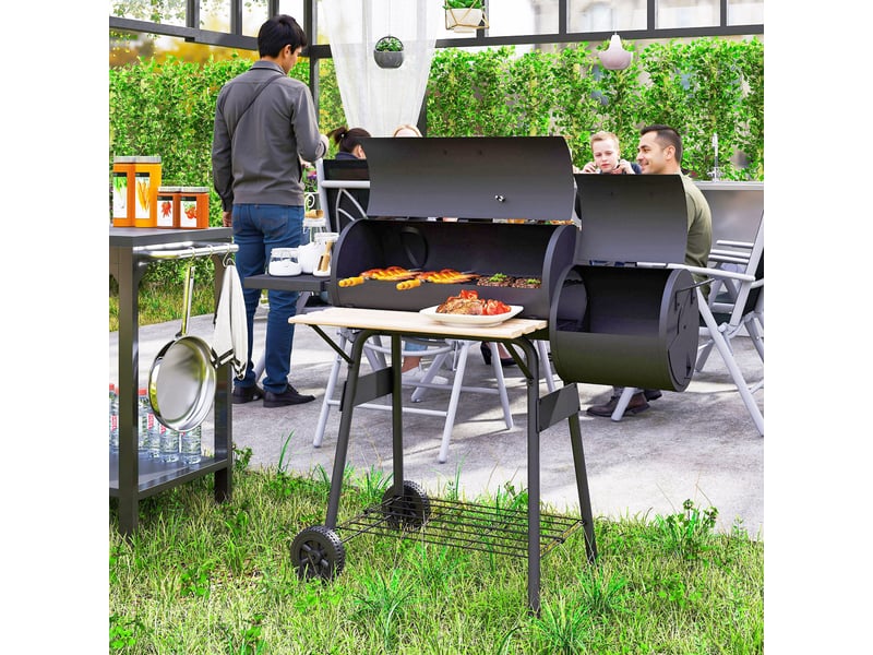  Barbecue au charbon avec couvercle et fonction fumoir, pour jardin, avec tablettes et roues, 124x53x104 cm, noir  - Conforama C