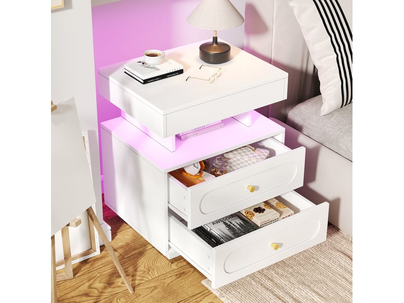  Table de chevet led 50x40x60 cm avec 2 tiroirs et 1 espace ouvert panneau de particules blanc  - Conforama C