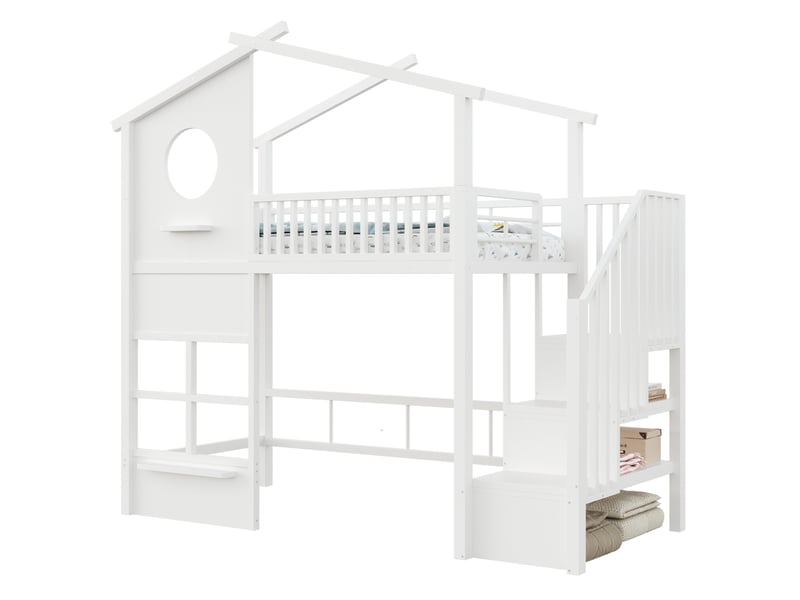 Lit mezzanine modenvie 90 x 200 cm forme maison led escalier de rangement blanc - Conforama A