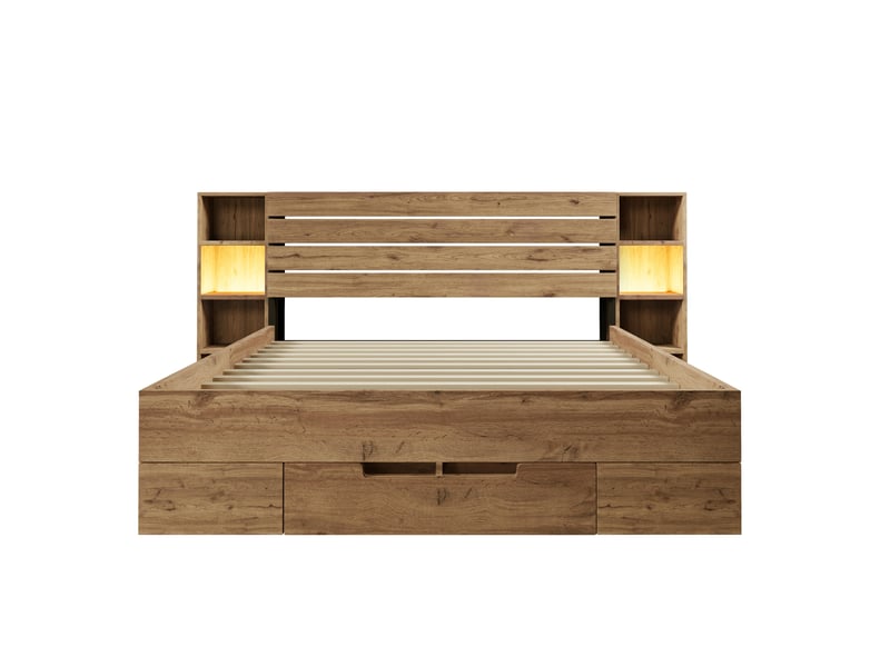  Lit coffre double 160x200 avec led télécommande, usb type-c, tiroirs rangement et sommier à lattes bois massif chêne  - Conforama A