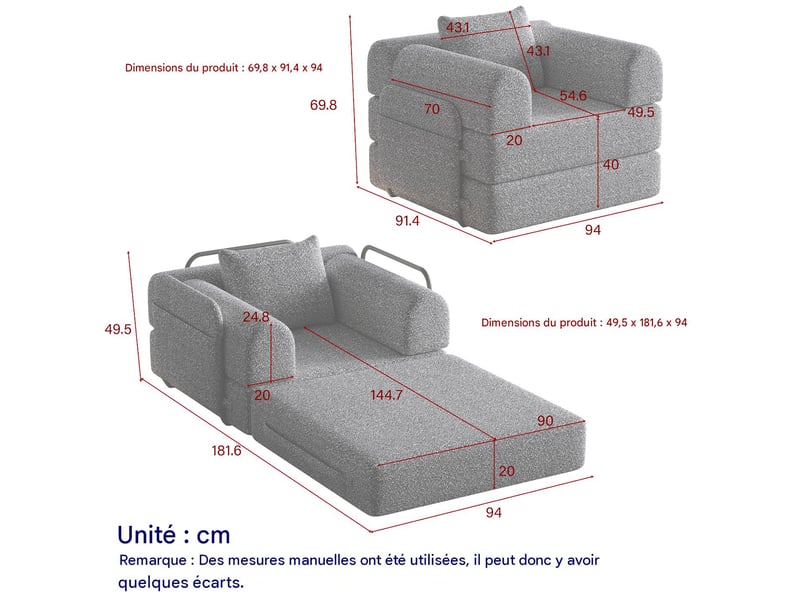  Canapé convertible 1 place en tissu chenille gris W3349P344000 - Conforama C