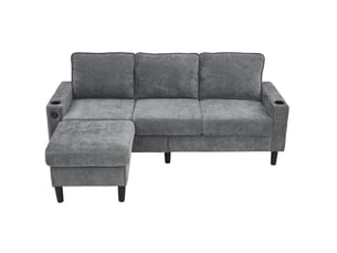 Canapé d'angle convertible gris en tissu, avec méridienne modulable, usb, usb-c et porte-gobelets intégrés