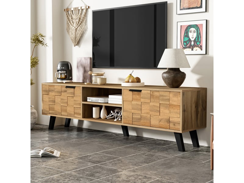  Meuble tv moderne 160 cm avec 2 portes et niches ouvertes - effet bois  - Conforama D