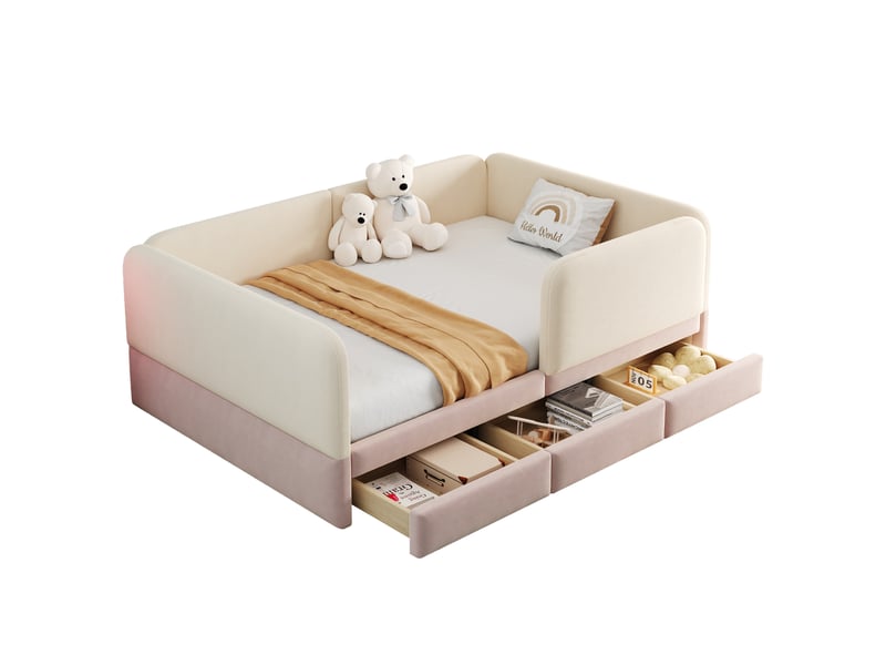  Lit enfant, 140x200 cm, espace nuit, avec 3 tiroirs de rangement, matelas non inclus, velours, coloris beige et rose  - Conforama A