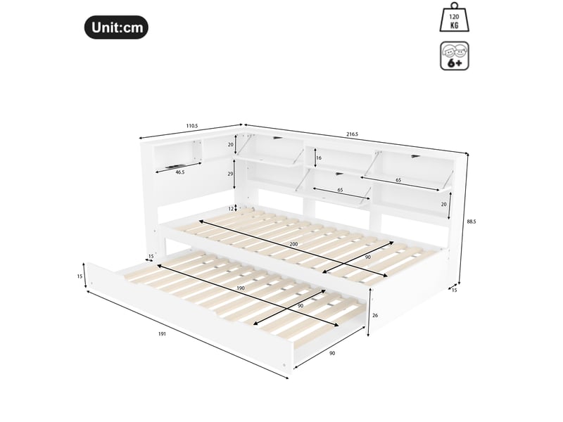  Lit gigogne 90x200 cm avec rangements et ports usb, blanc  - Conforama E
