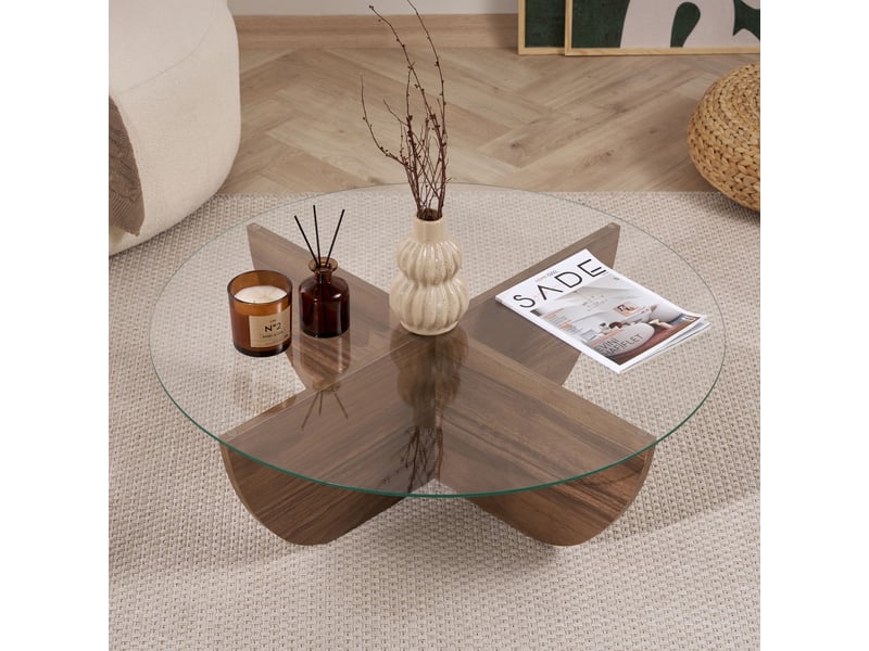  Table basse en verre piètement couleur bois foncé d90 cm  - Conforama D