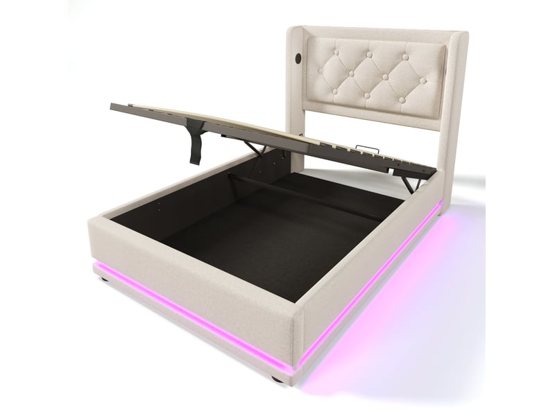 Lit coffre adulte 90x200 cm – beige – rangement hydraulique, led 3 côtés et charge usb-c avec tête capitonnée - Conforama D
