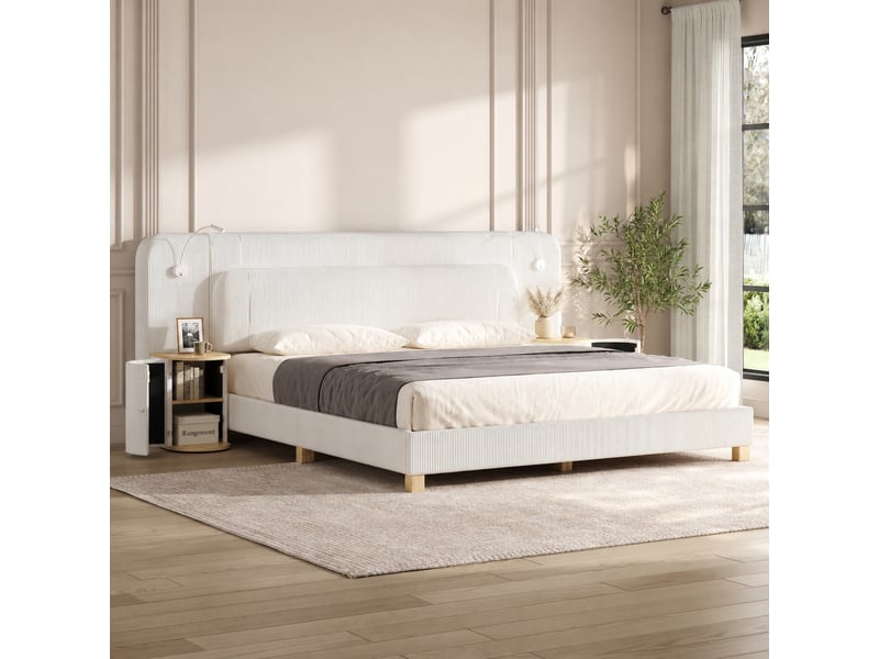  Lit rembourré beige 180 x 200 cm en velours côtelé avec chevets intégrés et éclairage led  - Conforama C
