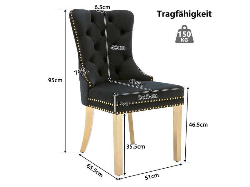  Lot de 6 chaises de salle à manger,50,5x45x95 cm,velours et métal doré,noir  - Conforama C