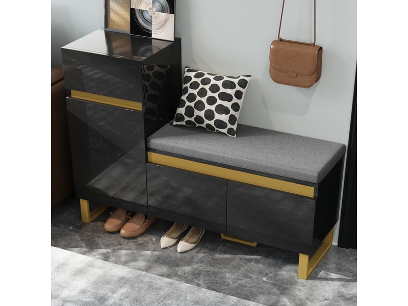 Meuble à chaussures avec 2 portes, 1 tiroir et 1 niche ouverte avec assise rembourrée, en mdf, noir, 120 × 35 × 85 cm - uvrion - Conforama D