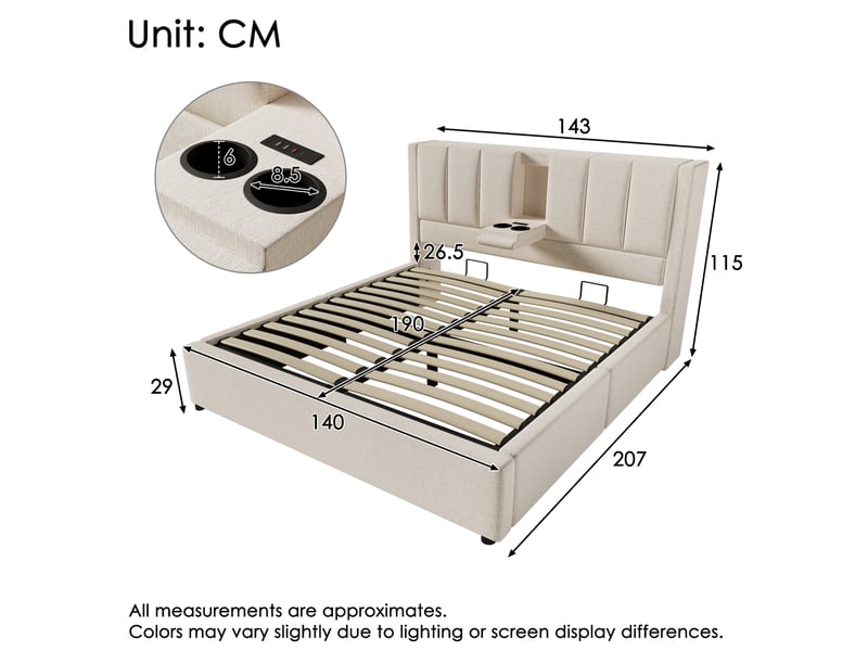  Lit coffre 140x190 cm en lin beige avec station de charge et sommier à lattes  - Conforama C