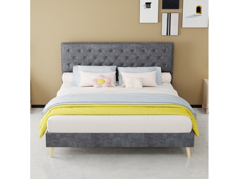  Lit adulte 160 x 200 cm, sans matelas, velours gris, doté de tête de lit moelleuse et sommier, lit 2 places  - Conforama E