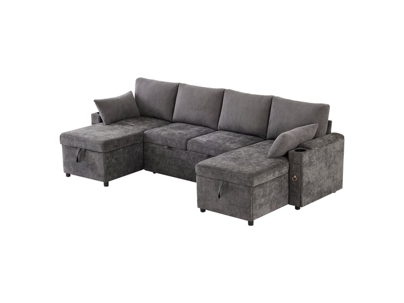  Canapé d'angle convertible 4 places 272 x 131 x 84 cm, forme u, couchage, coffre, porte-gobelets, coussins, chenille, gris Bliss Lite - Conforama A