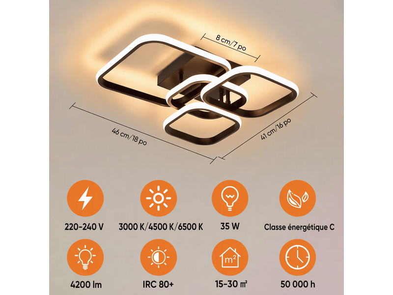  Plafonnier led moderne 4 carrés, l46 x l41 x h10 cm, lampe de plafond 35 w 3033 lm, noir sable, 3 cct mémoire, salon, chambre, cuisine  - Conforama C