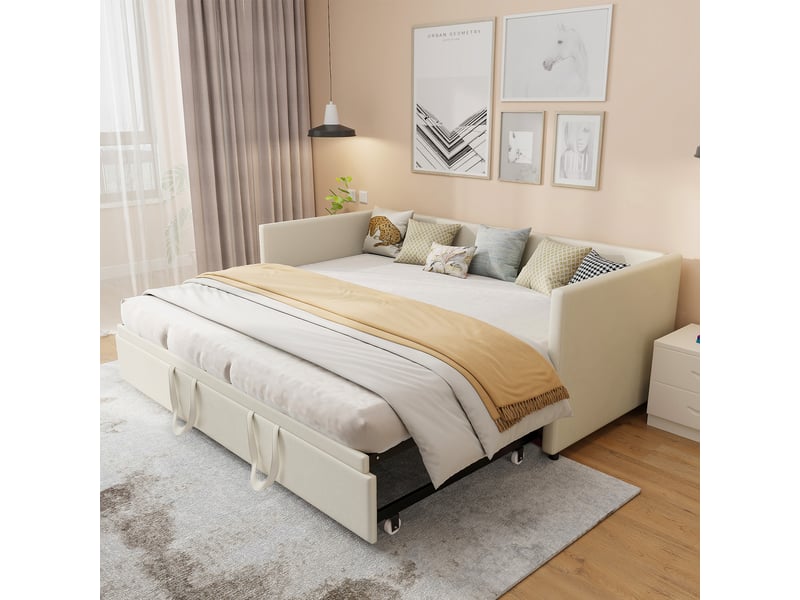  Lit de repos extensible, 90180 x 200 cm, canapé-lit, lit capitonné, revêtement en tissu lin, canapé-lit pour 2 adultes, sans matelas, beige  - Conforama D