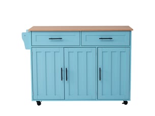 Desserte de cuisine bleue et bois naturel 129 × 4671 × 91,5 cm en mdf, plateau rabattable, rangements et roulettes