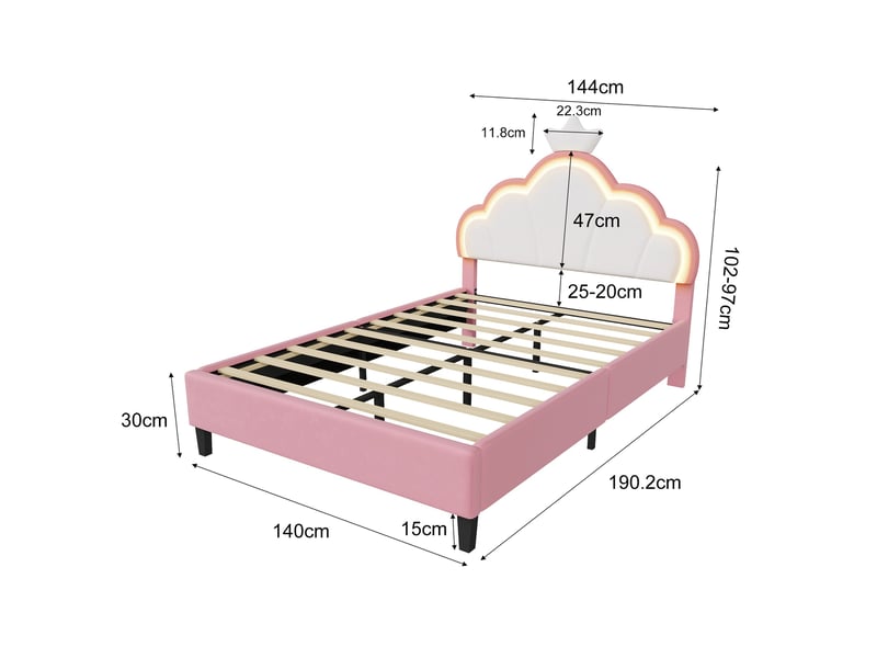  Lit enfant simple 140x190 cm avec éclairage led, tête de lit réglable et sommier, lit capitonné en velours, style princesse, rose et blanc  - Conforama E