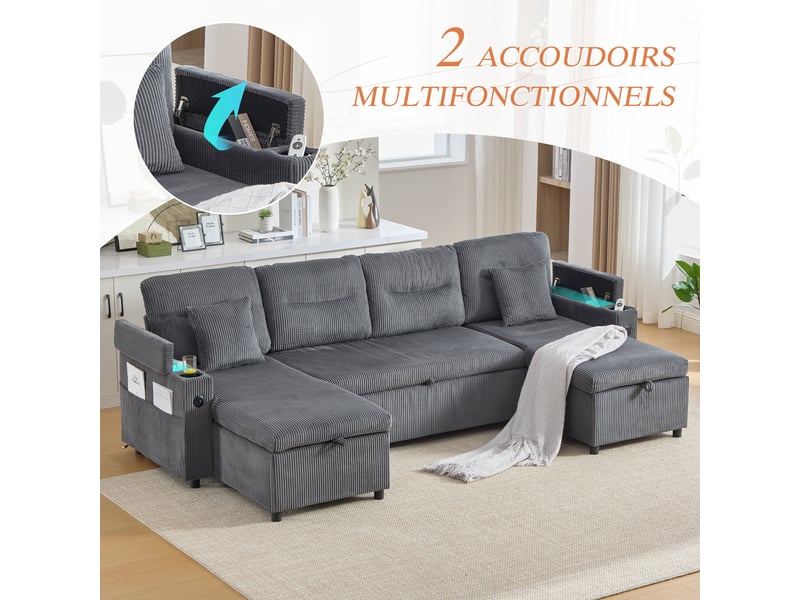  Canapé 4 places en velours gris anthracite avec méridiennes des deux côtés, rangement, porte-gobelets, usb, fonction lit extensible, pour salon  - Conforama D