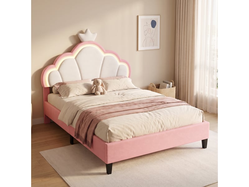  Lit 140x190, lit enfant lit simple, éclairage led rgb, tête de lit couronne nuage réglable, style scandinave moderne, rose  - Conforama D