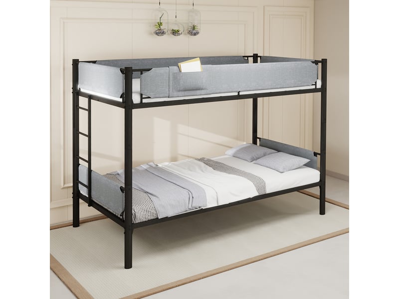  Lit superposé 90x190 cm,séparable en 2 lits, garde-corps textiles amovibles, rangement et échelle, métal, noir  - Conforama B