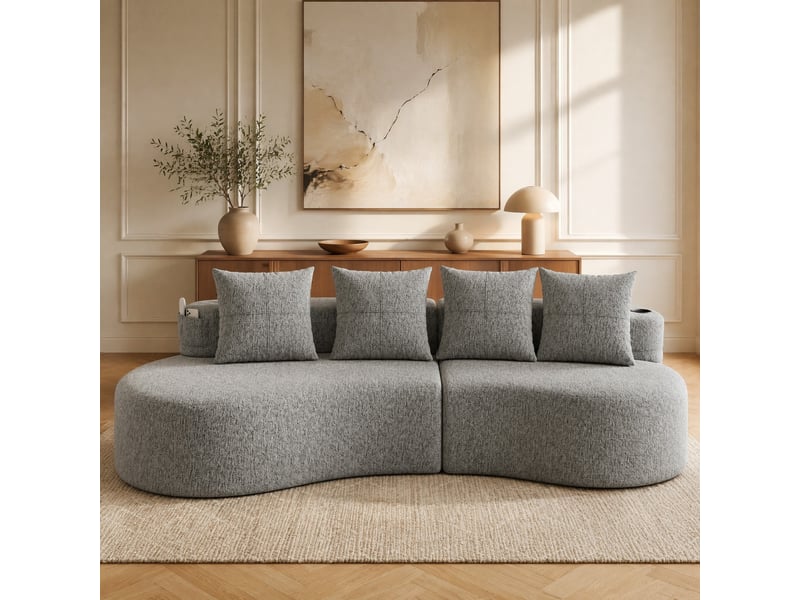  Canapé fixe 4 places 240x109x63 cm en lin gris clair avec porte-gobelet  - Conforama B