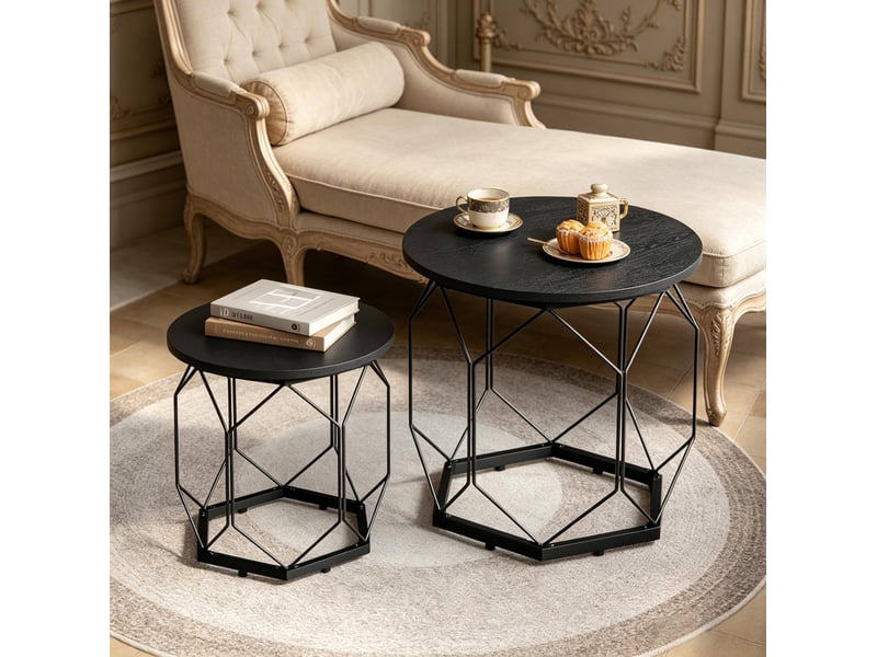  Tables basses gigognes avec 2 plateaux amovibles et rangement ouvert, style moderne, pour salon, en métal et bois noir  - Conforama C