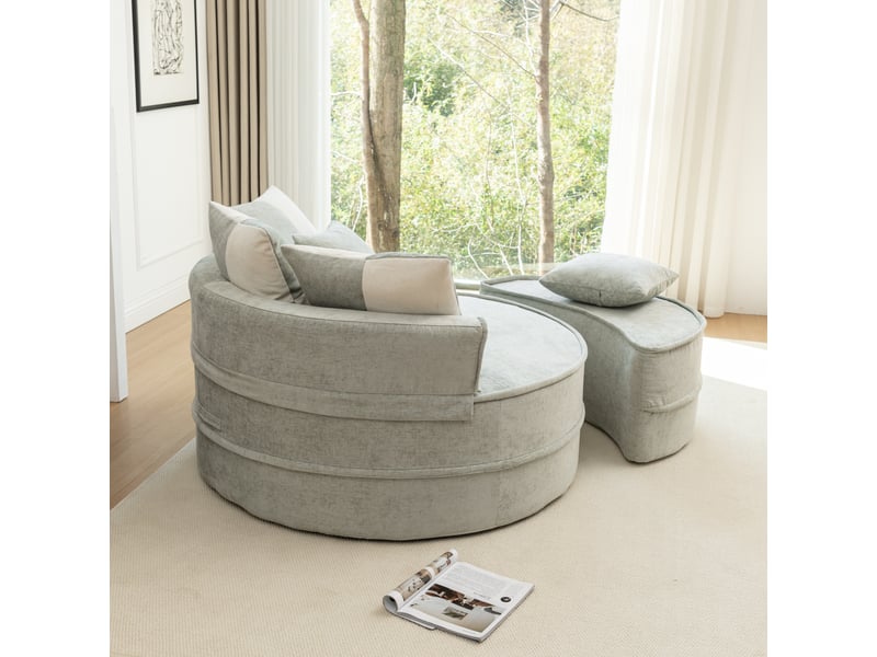  Fauteuil rond en chenille vert menthe avec pouf, fauteuil lounge une place avec cinq coussins pour salon et chambre  - Conforama C